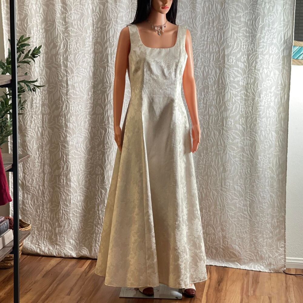 Vintage 90s Scott McClintock Ivory Metallic Jacquard Wedding Gown Prom Dress 10 - Picture 2 of 8